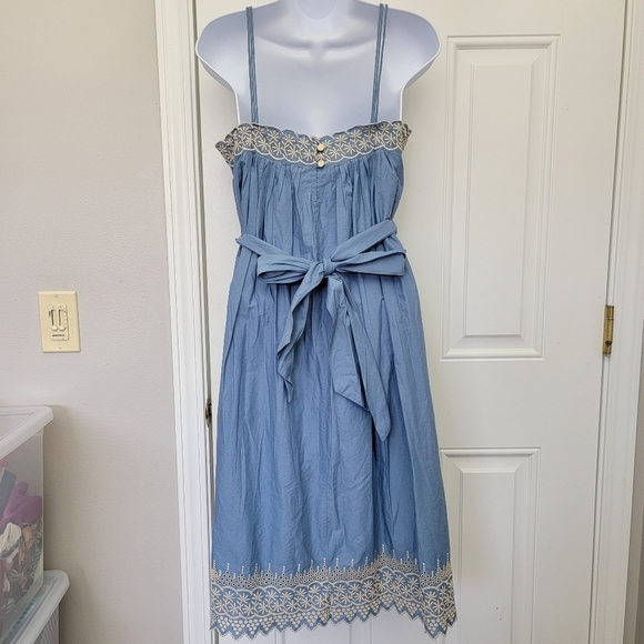 Banana Republic 100% Cotton Blue Cream Embroidered Sleeveless Full Fit Flare 8 - Picture 9 of 16